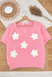 Pink Flower Crochet V Neck Short Sleeve Sweater