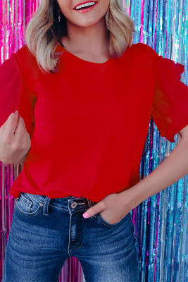 Fiery Red Tulle Ruffle Sleeve Top