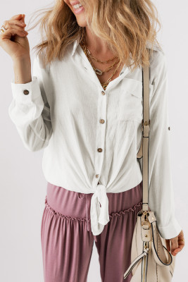 White Roll up Sleeve Knotted Casual Shirt