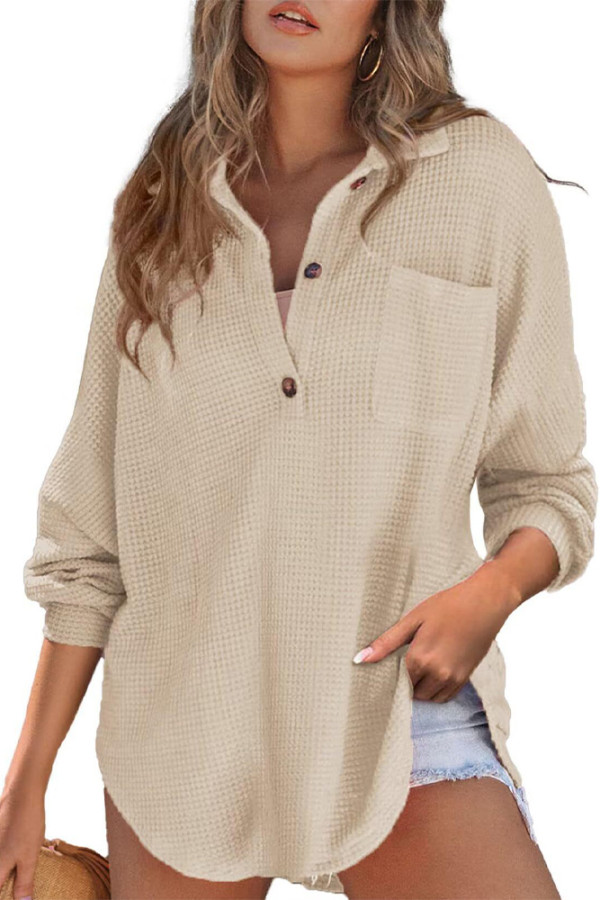Turndown Collar Pocket Waffle Top 