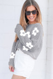 Light Grey Big Flower Hollowed Knit Drop Shoulder Sweater