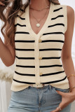 V Neck Button Stripes Knitting Sleeveless Cardigan 