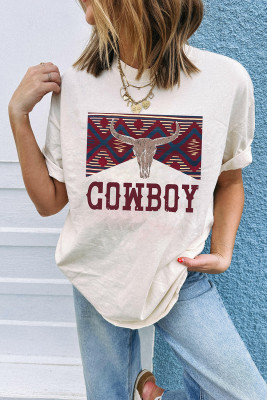 White COWBOY Western Steer Head Print Round Neck T Shirt