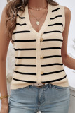 V Neck Button Stripes Knitting Sleeveless Cardigan 