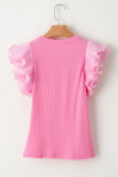 Strawberry Pink Ruffled Pleated Mesh Sleeve Ribbed Knit Slim Fit T Shirt