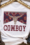 White COWBOY Western Steer Head Print Round Neck T Shirt
