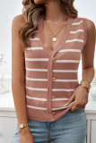 V Neck Button Stripes Knitting Sleeveless Cardigan 