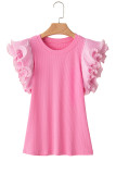 Strawberry Pink Ruffled Pleated Mesh Sleeve Ribbed Knit Slim Fit T Shirt