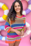 Orange Stripe Colorblock Hollowed Crochet 3/4 Sleeve Sweater