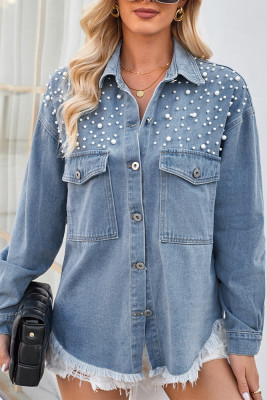 Rhinestone Tassel Button Up Denim Jacket 