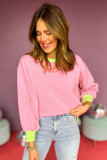 Pink Colorblock Bubble Sleeve Sweatshirt