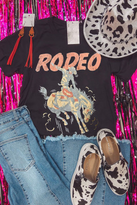 Black RODEO Cowboy Graphic Crewneck T Shirt