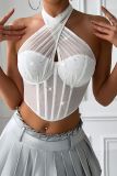 Halter Neck Rhinestone Mesh Fishbone Corset Top 