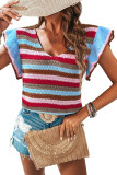 Multicolour Striped Ruffled Sleeve V Neck Sweater