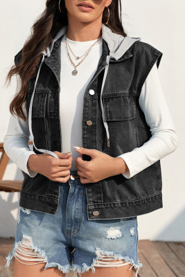 Hooded Sleeveless Denim Jacket 