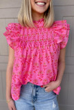 Rose Red Floral Print Pleated Ruffled Flutter Sleeve Blouse