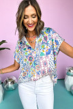 Light Blue Mixed Floral Printed Collared Split Neck Blouse