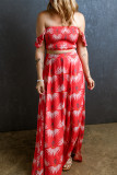 Red Floral Shirred Off Shoulder Crop Top and Slit Maxi Skirt Set