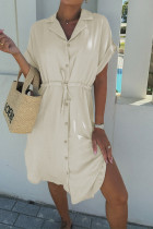 Plain Fold Sleeves Button UP Shirt Dress 