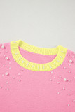 Rose Red Pearled Colorblock Crew Neck Half Sleeve Sweater