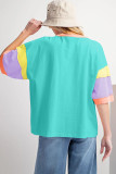 Light Blue Color Block Stitching Sleeve Round Neck Oversize Top