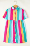 Rose Stripe Colorblock Short Sleeve Mini Shirt Dress