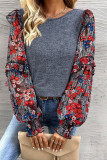 Blue Ruffle Tiered Floral Sleeve Crew Neck Blouse