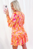 Orange Abstract Print Smocked Lantern Sleeve Ruffle Mini Dress