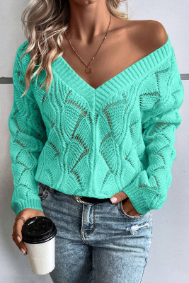 Mint Green Hollow Out Knit V Neck Drop Shoulder Sweater