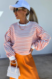 Orange Stripe Drop Shoulder Crew Neck Loose Sweatshirt