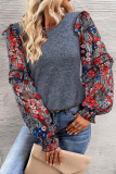 Blue Ruffle Tiered Floral Sleeve Crew Neck Blouse