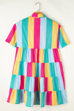 Rose Stripe Colorblock Short Sleeve Mini Shirt Dress