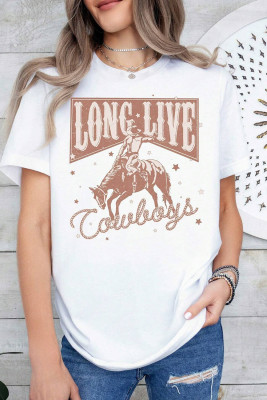 White LONG LIVE Cowboy Graphic Crewneck T Shirt