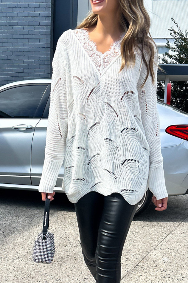 White Lace Splicing Knitting Sweater 