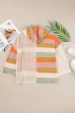 Beige Oversized Colorblock V Neck Hooded Sweater