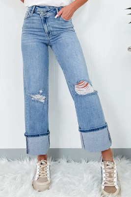 Dusk Blue High Rise Asymmetric Button Zip Fly Ripped Jeans