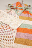 Beige Oversized Colorblock V Neck Hooded Sweater