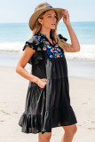 Black Floral Embroidered Tiered Ruffled Mini Dress