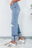 Dusk Blue High Rise Asymmetric Button Zip Fly Ripped Jeans