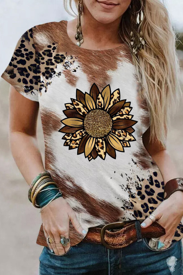 Chestnut Leopard Bleached Sunflower Graphic Crewneck T Shirt