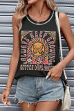 Black Letters Butterfly Floral Printed Stitching Crewneck Tank Top