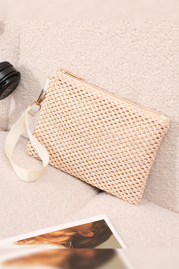 Zipper Design Straw Woven Handbag 