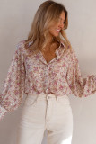 Pink Floral Print Bishop Sleeve Collared V Neck Shirt