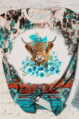 Green Western Cow Head & Flower Print Crewneck T Shirt