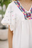White Embroidered Puff Sleeve V Neck Blouse