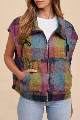 Multicolor Plaid Print Side Pockets Zipped Loose Vest
