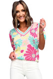 Multicolour Floral Print V Neck Short Sleeve Sweater