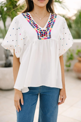 White Embroidered Puff Sleeve V Neck Blouse