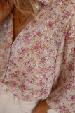 Pink Floral Print Bishop Sleeve Collared V Neck Shirt