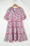 Light Blue Abstract Printed Ricrac Tiered Puff Sleeve Dress